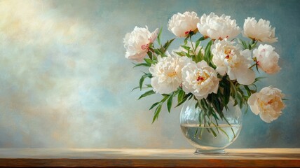 Vase of blooming white flowers displayed on simple wooden surface with light blue background
