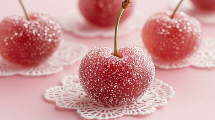 Elegant cherries coated in sparkling sugar, surrounded by tiny lace doilies, isolated on pastel pink background