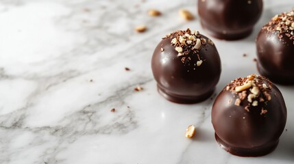 Elegant cherries dipped in dark chocolate, with almond sprinkles, styled on a marble table, isolated on white background