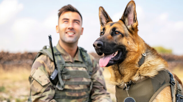 soldier in camouflage uniform sits beside German Shepherd service dog, showcasing mutual trust and loyalty on battlefield