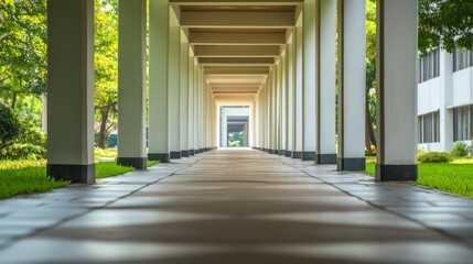 Fototapeta premium Perspective View of a Tranquil Walkway Lined with Columns Surrounded by Greenery and Sunlight