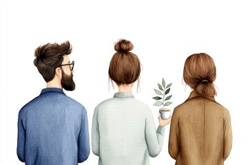 Watercolor illustration of a man and two women viewed from behind, one woman holding a small plant in a cup.