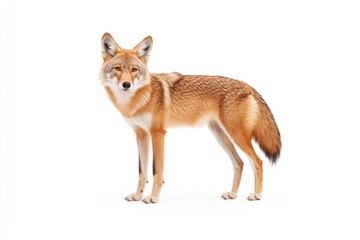 Fototapeta premium A solitary coyote stands gracefully on a white background, showcasing its natural beauty and elegance