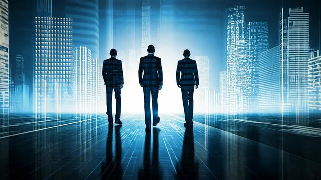 Business professionals silhouette against a futuristic city skyline at dusk creating a striking visual of ambition and progress