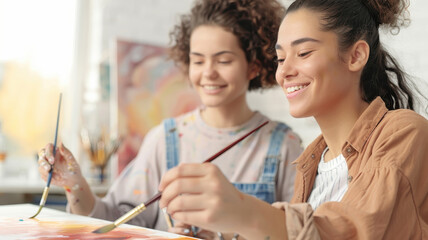 Obraz premium Two artists joyfully painting on same canvas, blending their creativity in bright studio. atmosphere is filled with inspiration and collaboration as they work together