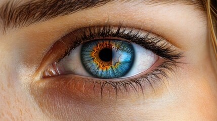 Obraz premium Extreme Close-up of a Woman's Eye Revealing Intricate Details of Iris, Pupil, Eyelashes, and Surrounding Skin Texture