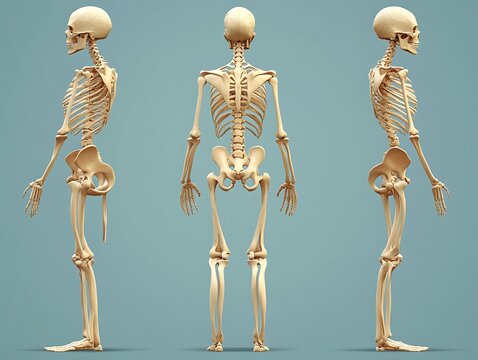 Human skeleton anatomy, front, side, and back views on a plain background for medical education