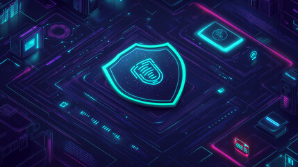Cybersecurity Protection Concept Depicting a Shield Icon Surrounded by Digital Binary Code, Glowing Locks, and a Holographic Fingerprint on a Dark Background with Neon Blue and Green Effects.