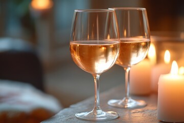 Two elegant glasses of rose wine sit beside glowing candles, creating a warm and inviting atmosphere.