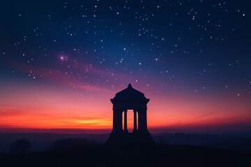 Fototapeta premium A silhouette of a classical structure against a vibrant sunset sky filled with stars, creating a serene and mystical atmosphere.