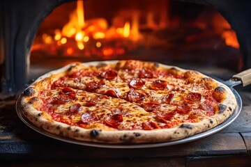 A delicious pepperoni pizza sits on a wooden surface, fresh from the oven, with a warm glow from the fireplace in the background.