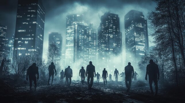 Zombie horde approaching a city at night.