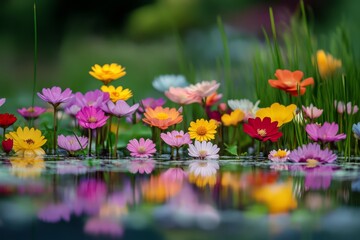 A vibrant array of colorful flowers floating on water, reflecting their beauty amidst lush greenery.
