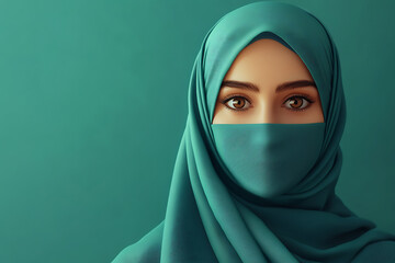 Fototapeta premium Arabic woman, muslim woman in hijab, muslim woman, green background, islamic, ramadan Kareem, eid mubarak, eid al adha, eid al fitri, 3d rendering, generative ai