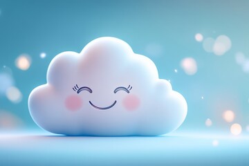 A cute, smiling cloud floats against a soft blue background, radiating a whimsical and cheerful atmosphere with sparkling lights.