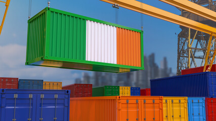 Fototapeta premium 3D rendering of a shipping container with the Irish flag suspended from a crane in a port dock.