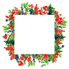 Watercolor wreath on white background. Summer frame black currant, red currants, cowberry. Berries design. Perfect for card, poster, postcard, invitations, wedding, birthday party.