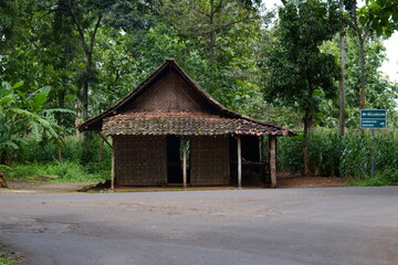 A rustic bamboo house stands by a quiet rural road, surrounded by lush greenery, showcasing traditional architecture