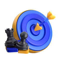 Business Strategy 3D Render, featuring a target with an arrow in the bullseye and chess pieces (rook and pawn), symbolizing planning, precision, and strategic thinking