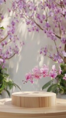 Fototapeta premium Elegant Pink Orchid Flower Display on Natural Wooden Background