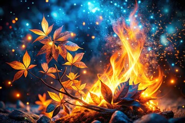 Glowing blue leaves and fiery flames illuminate a vintage, starlit, dark background.