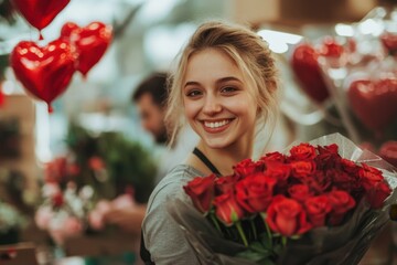 European female salesperson in an apron sells a bouquet of red roses. There are many heart-shaped balloons in the background
