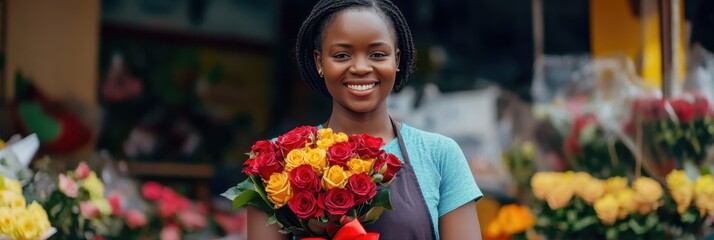 African American Girl Seller With Bouquet Of Roses On Valentine's Day. Banner