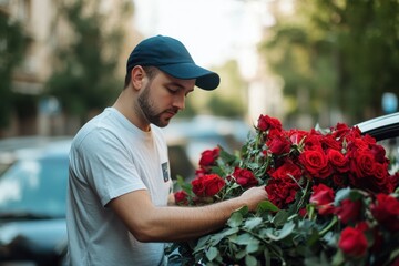 The courier takes a large bouquet of red roses out of the car