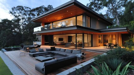 Fototapeta premium Modern luxury home with large deck and outdoor furniture at dusk.