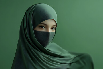 Naklejka premium Arabic woman, muslim woman in hijab, muslim woman, green background, islamic, ramadan Kareem, eid mubarak, eid al adha, eid al fitri, 3d rendering, generative ai