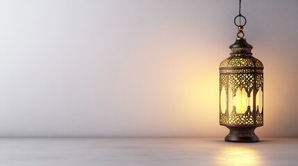 Obraz premium Illuminated Moroccan Lantern Hanging Against White Wall