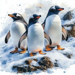 Obraz premium Three penguins standing on rocky terrain, surrounded by snow, with a frosty landscape in the background