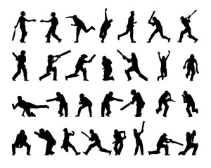 Cricket Silhouette Vector Sport Bundle, Cricket Batsman In Action, And Cricket Helmet, Stump, Gloves & Gured Isolated Black Color Clipart Bundle