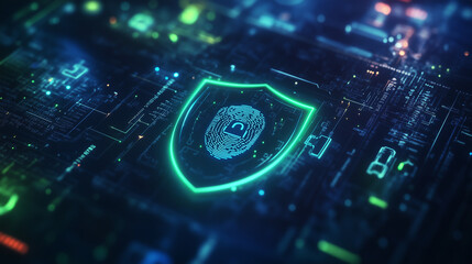 Futuristic Cybersecurity Visualization with a Shield Icon, Digital Binary Code, Glowing Locks, and a Holographic Fingerprint Set Against a Dark Background with Neon Blue and Green Highlights.
