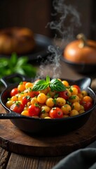 A delicious bowl of colorful tomatoes garnished with fresh herbs and steam rising.