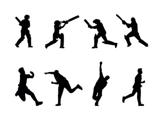 Cricket Silhouette Vector Sport Bundle, Cricket Batsman In Action, And Cricket Helmet, Stump, Gloves & Gured Isolated Black Color Clipart Bundle