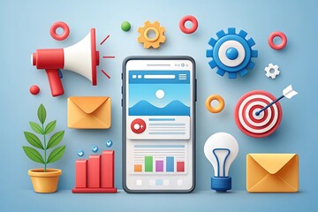 Social media advertising on mobile, customer engagement, PPC online marketing, promotion, traffic research, targeted ads, Digital marketing, digital advertising, ad campaign.  3D illustration