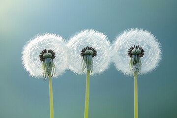Fototapeta premium Closeup of Dandelions With Morning Dew Against a Blurred Blue-Green Background in Spring. Generative AI
