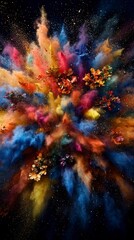 Fototapeta premium Vibrant Colorful Powder Explosion with Flowers Abstract Art Background