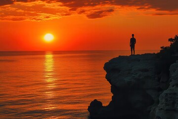 Man Standing on Rock While Gazing at Vibrant Sunset Over Calm Water. Generative AI