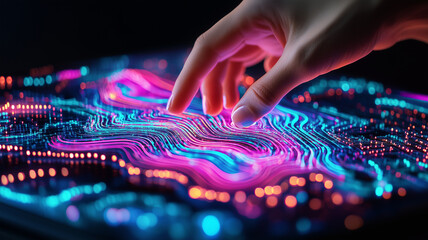 hand interacts with vibrant digital interface, showcasing colorful data patterns and glowing lines. scene conveys sense of innovation and technology
