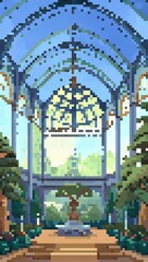 Obraz premium Interior of Victorian conservatory building pixel art background. 8-bit game assets