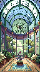Interior of Victorian conservatory building pixel art background. 8-bit game assets