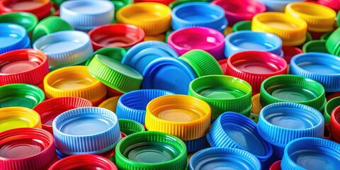 Close-up of vibrant plastic bottle caps, plastic bottle tops