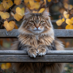  maine coon cat sitting bench