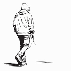 Young Man in Casual Hoodie Walking Alone in Simplistic Vector image isolated on white background.