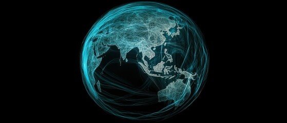 Sustainable Harmony Concept. An illuminated globe with a digital overlay, showcasing global connections and data flow in a dark background, symbolizing technology and communication.
