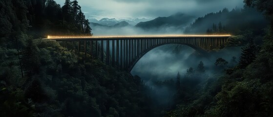 Sustainable Harmony Concept. A misty landscape features a dramatic bridge illuminated by a passing train, surrounded by dense forests and mountains.