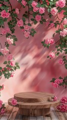 Elegant Wooden Platform Surrounded by Pink Roses and Soft Background