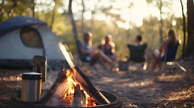 Campfire in the woods with friends sitting around it in golden hour lighting.
